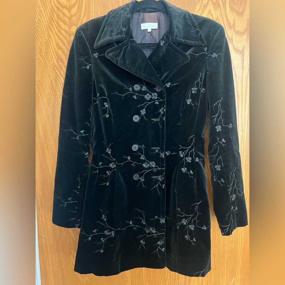 Velvet Embroidered Black Trench Coat by Etcetera